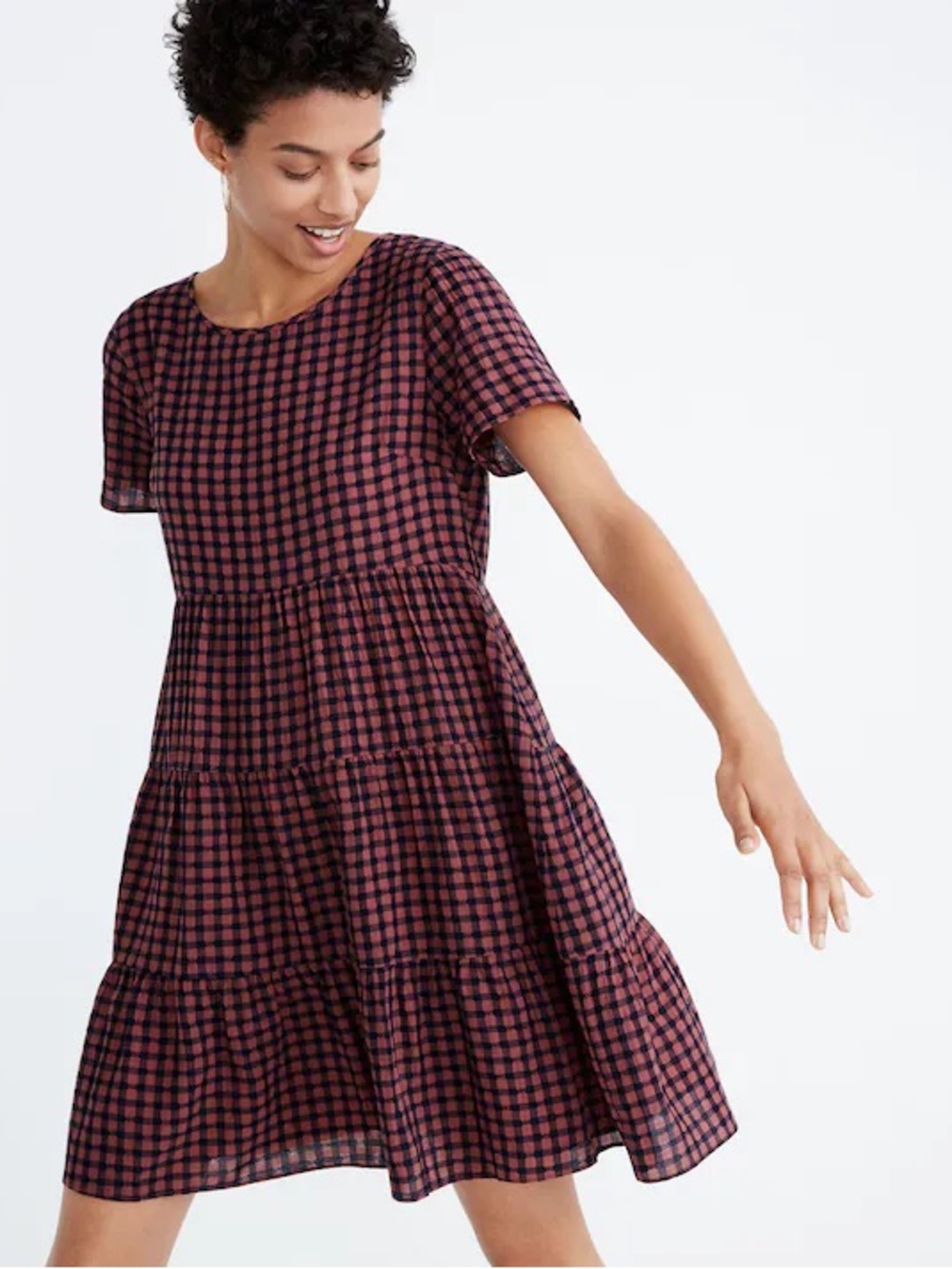 Madewell Pink and Navy Short Sleeve Tiered Mini Dress in Gingham Check Size M